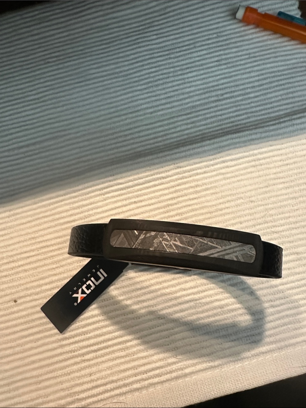 Xcvi Men’s Black Leather Bracelet with Brushed Metal Inlay